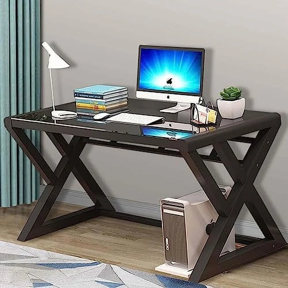 White Glass Top Metal Frame Computer Desk D33154