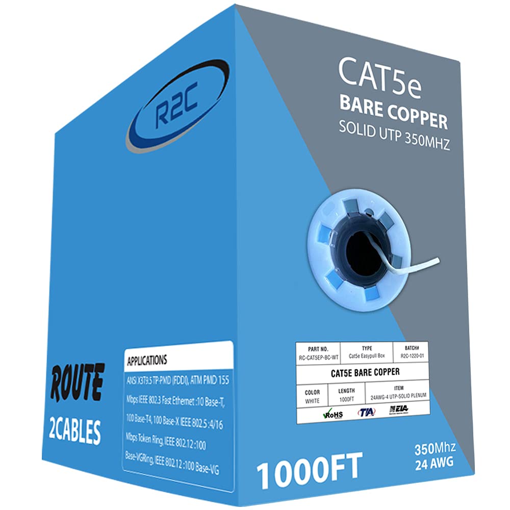 CAT5e UTP CMP 24AWG 350MHz Solid Bare Copper Ethernet Cable 1000ft White T9232