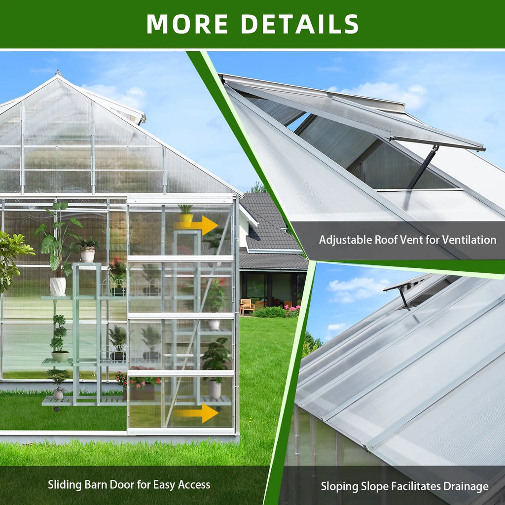 10' x 16' Walk-in Polycarbonate Greenhouse with Adjustable Roof Vent T3824