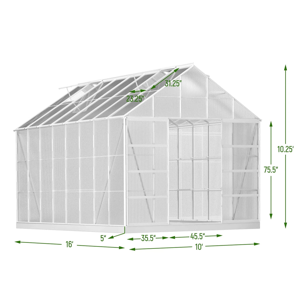 10' x 16' Walk-in Polycarbonate Greenhouse with Adjustable Roof Vent T3824