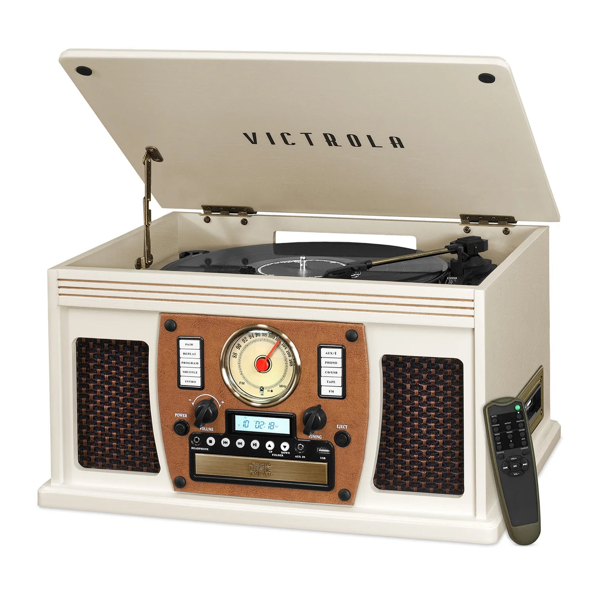 Wood 8-in-1 Bluetooth Record Player with USB Encoding and 3-speed Turntable - White V568