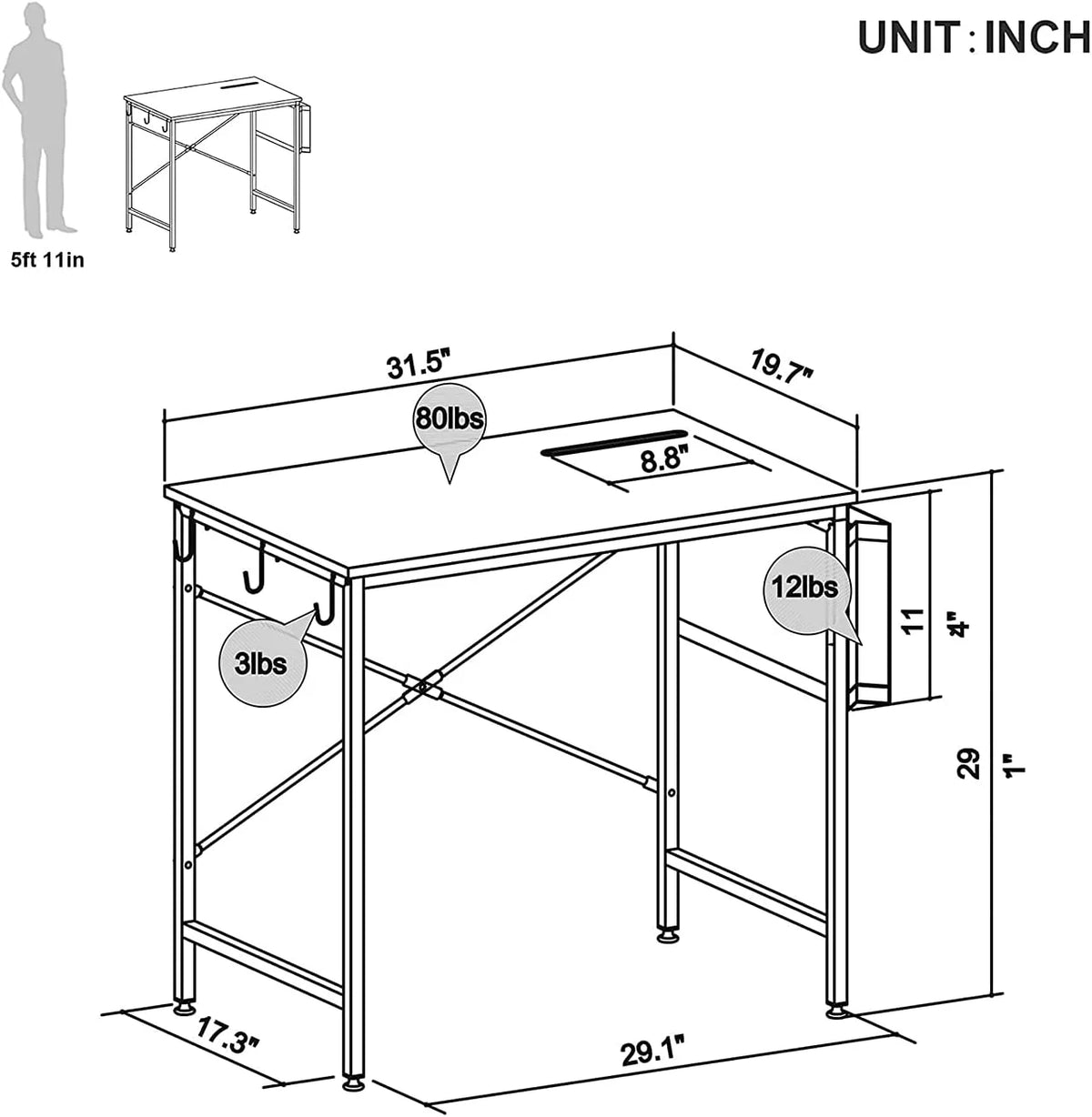 32 Inch Grey Mini Office Desk with Adjustable Metal Frame D615