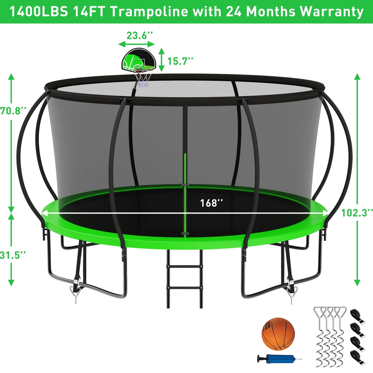 12FT 14FT Trampoline with Enclosure, Basketball Hoop, Light, Sprinkler, Socks, Wind Stakes I2703