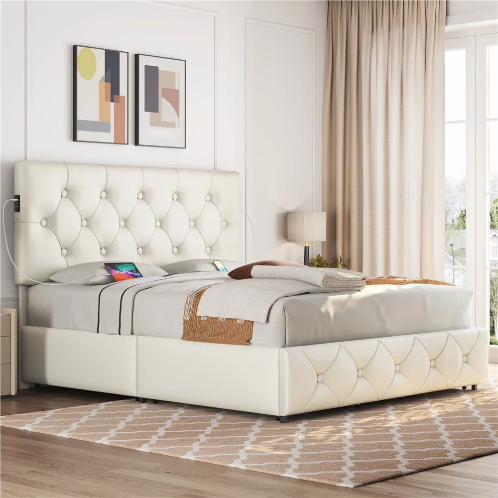 Beige Upholstered Queen Bed with 4 Storage Drawers I3473