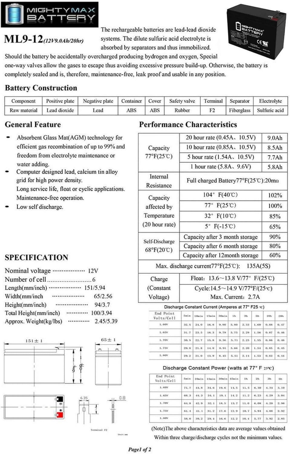 12V 9Ah SLA Battery U885890