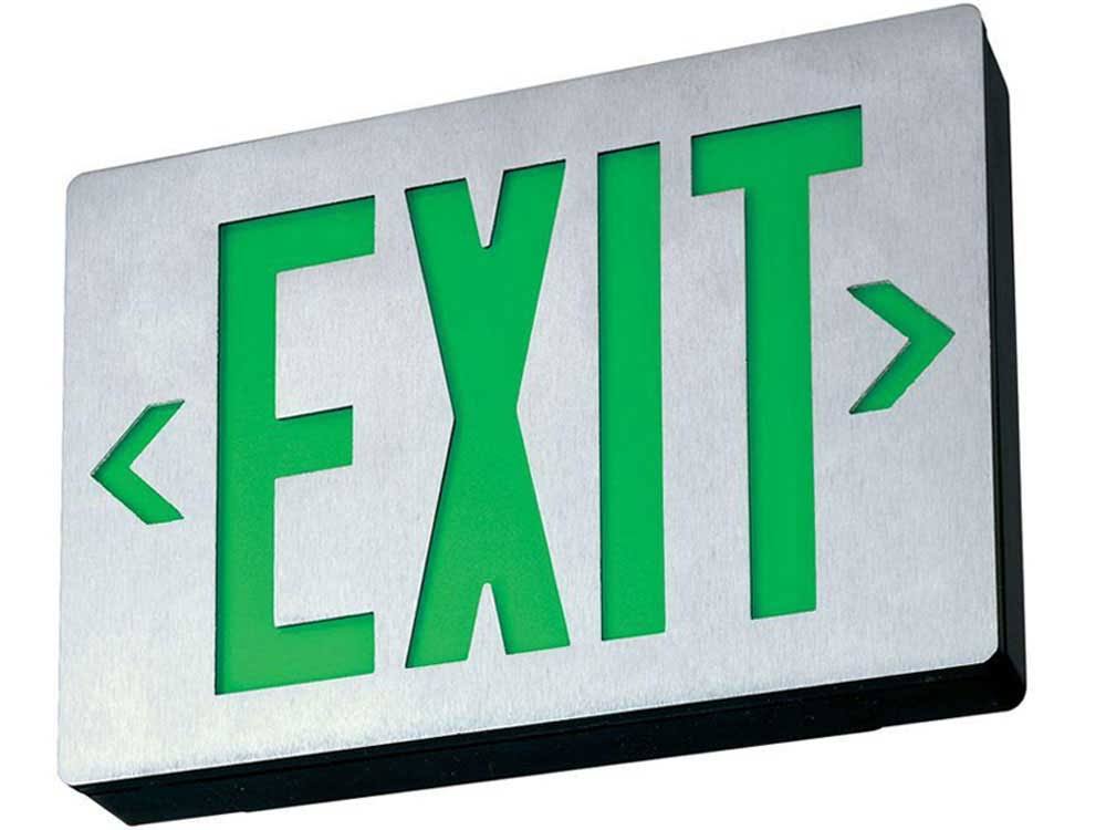 LED Exit Sign Die-Cast Aluminum Double Face Green Letters Battery Backup E543