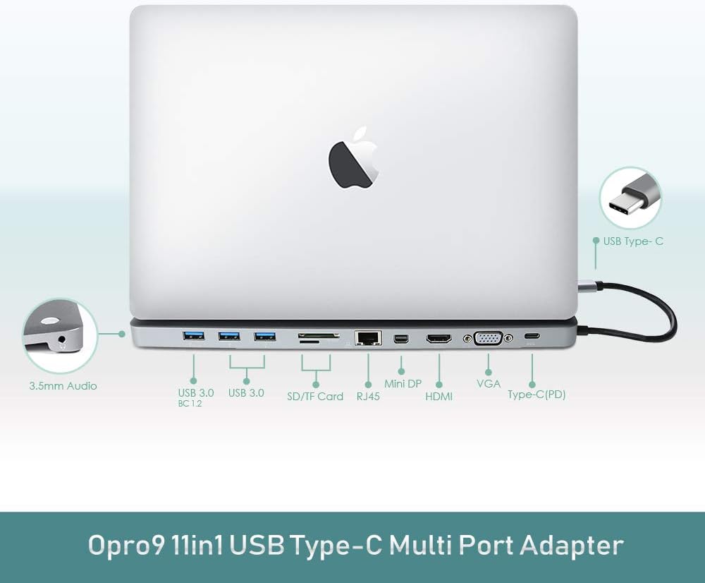 11-in-1 USB C Hub Adapter with HDMI, VGA, SD Card Reader, USB 3.0, Ethernet, Gray B4125