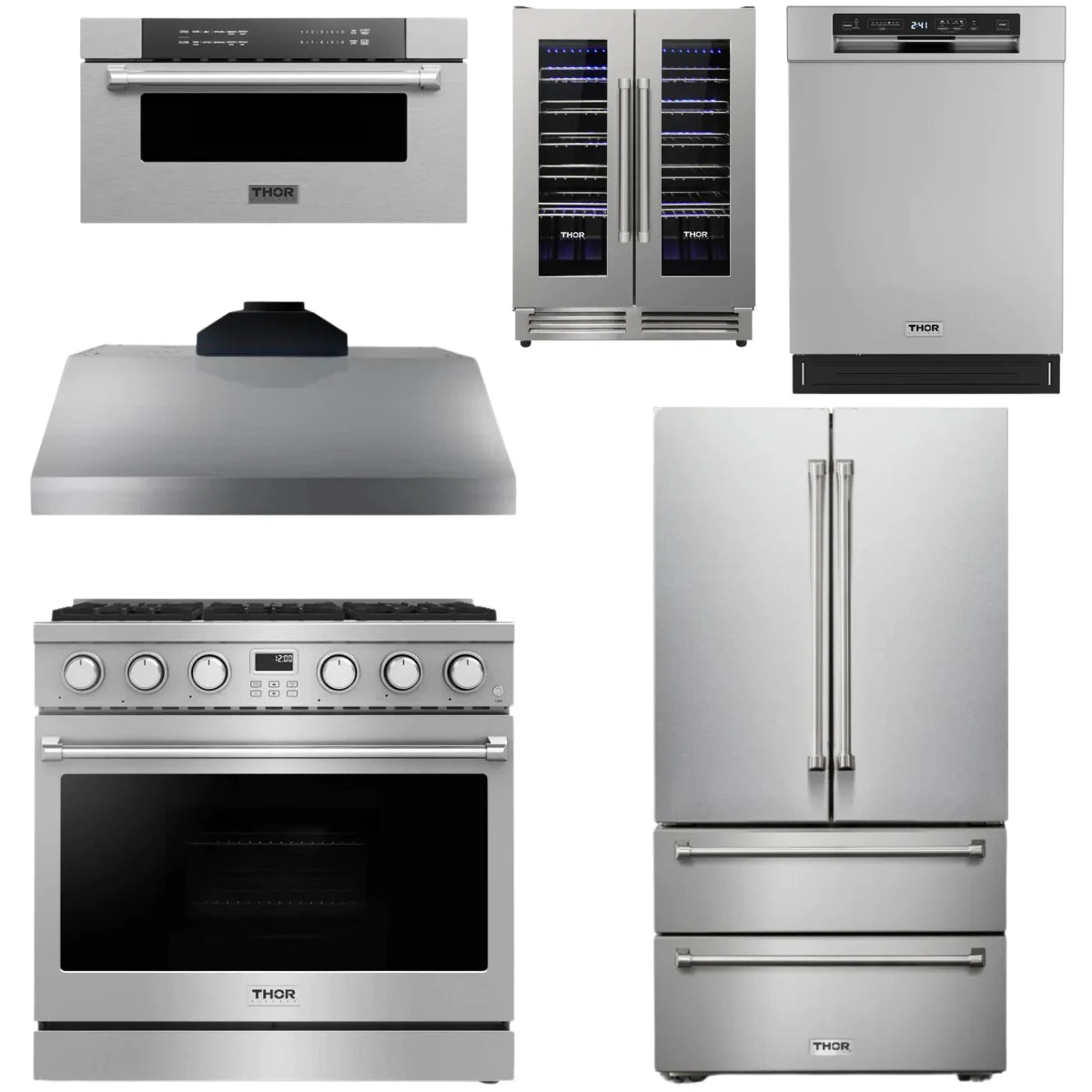 36 Gas Range, Range Hood, Refrigerator, Dishwasher, Microwave and Wine Cooler U57538