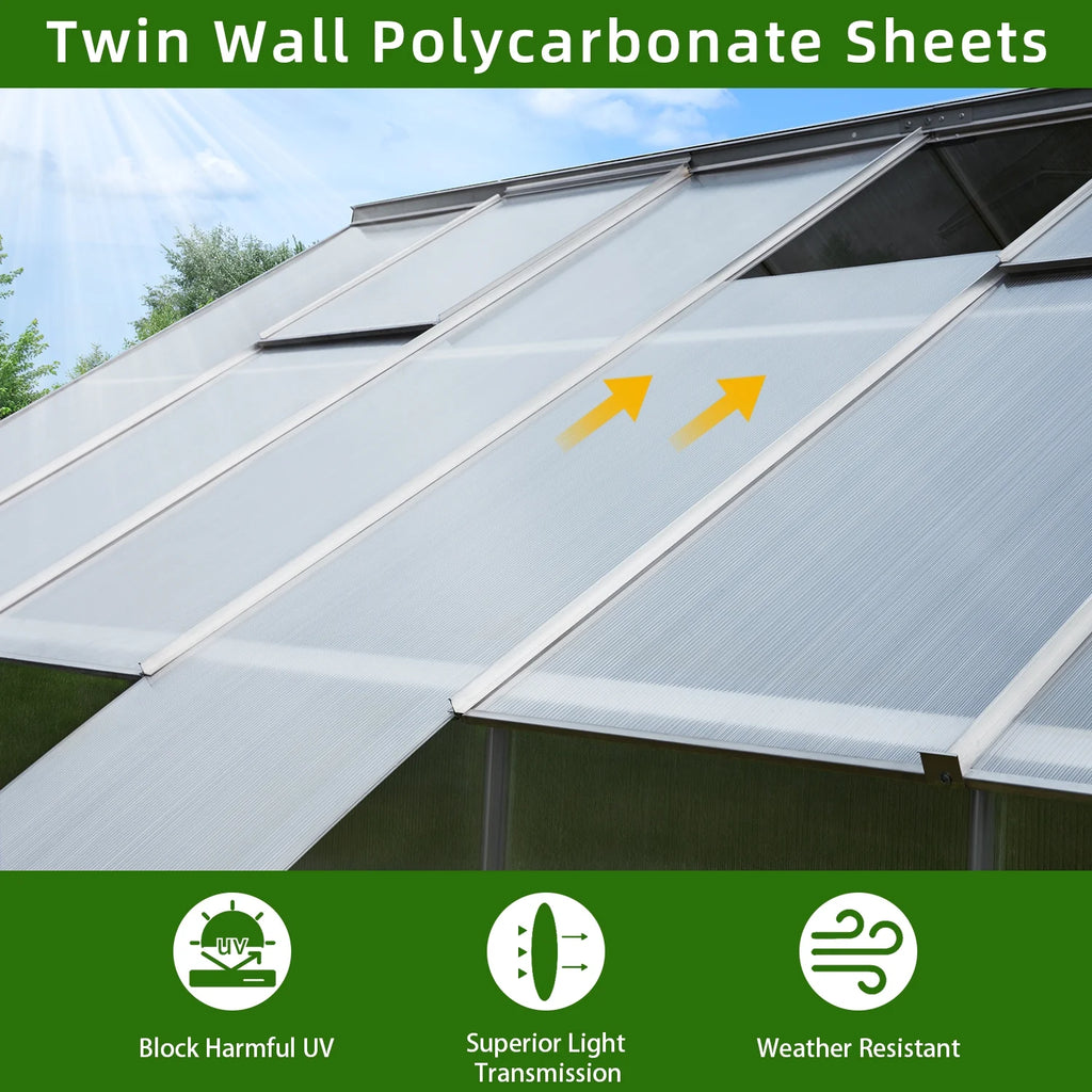 10' x 16' Walk-in Polycarbonate Greenhouse with Adjustable Roof Vent T3824