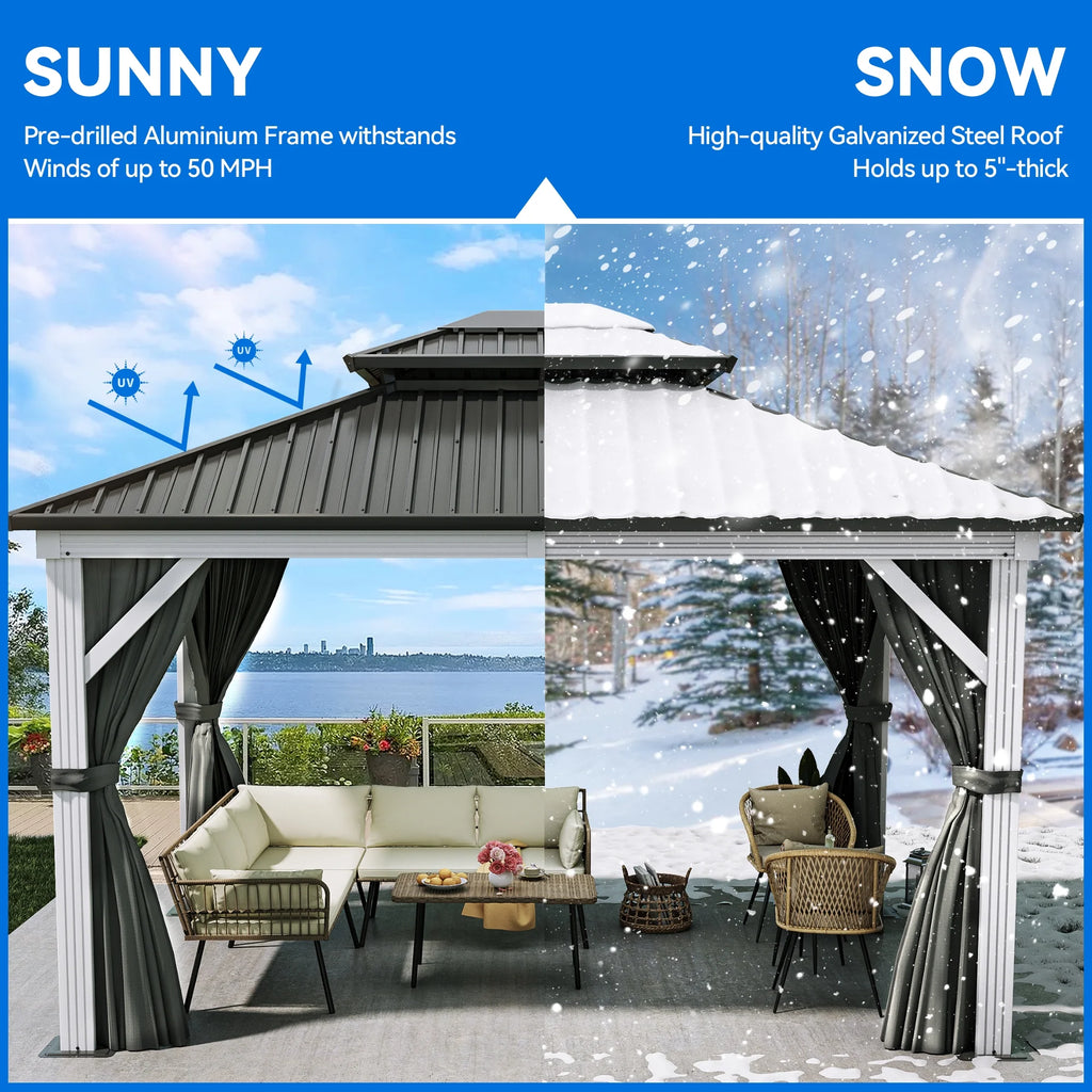 10x12ft Double Roof Hardtop Gazebo with Netting and Curtains Y65813