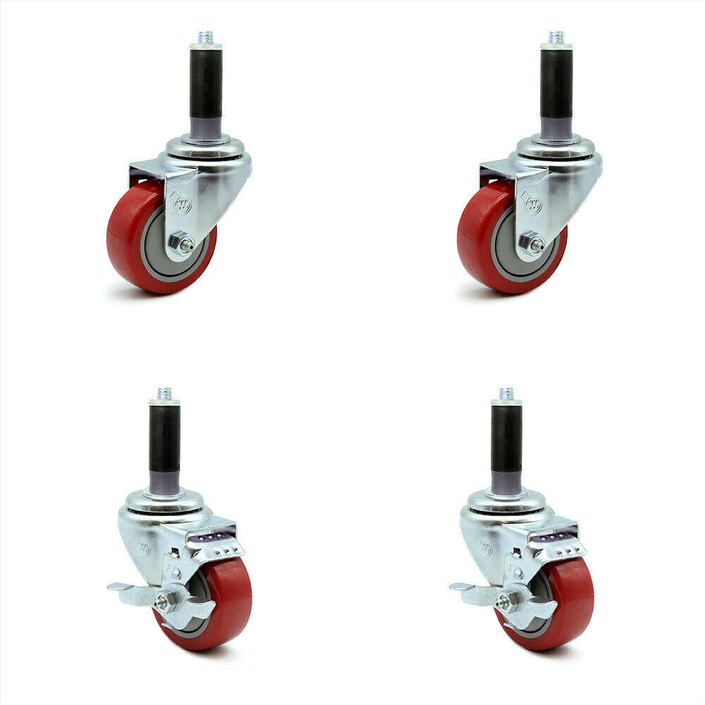 3 inch Red Polyurethane Swivel Caster Set 2 Brake E9889