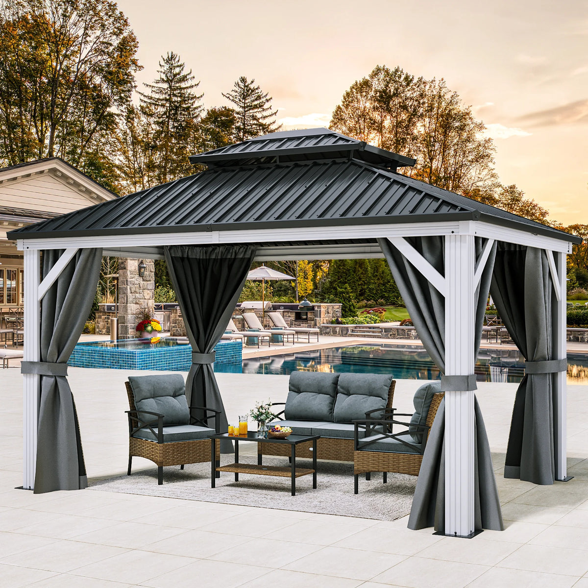 10x12ft Double Roof Hardtop Gazebo with Netting and Curtains Y65813