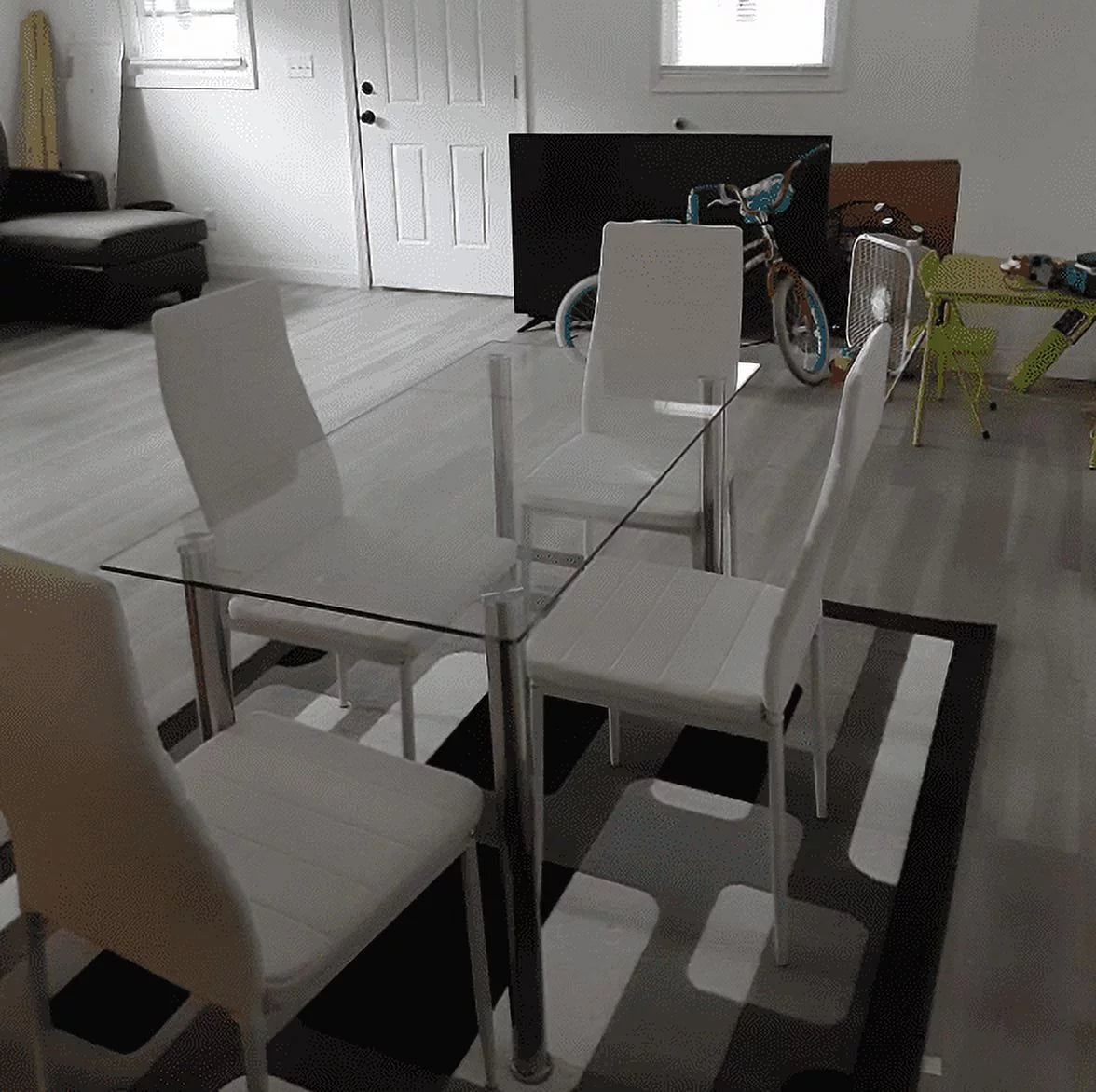 5 Piece Glass Top Dining Table Set with 4 White PU Leather Chairs G617802