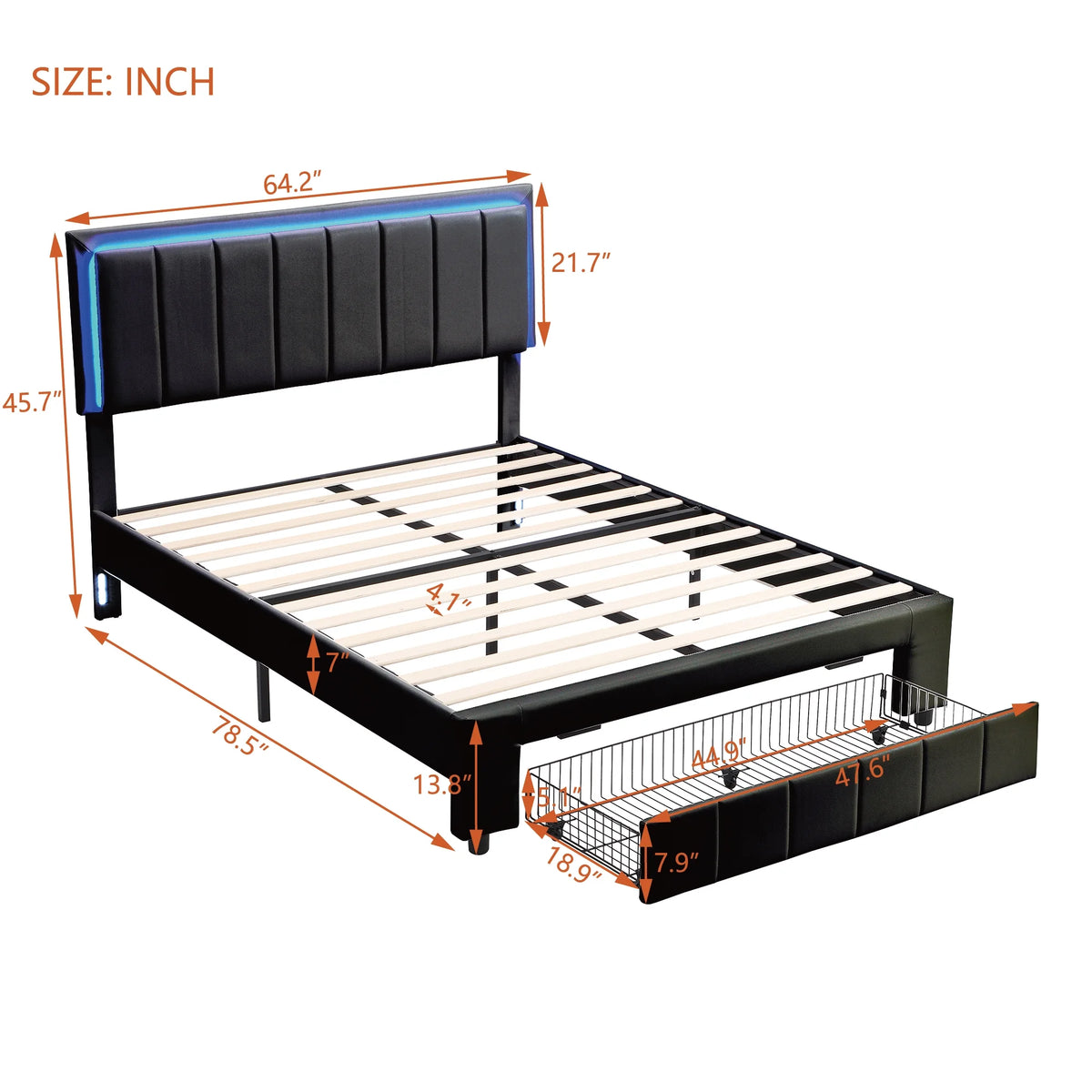 Queen Size Upholstered Platform Bed with Drawers and LED Lights T142448
