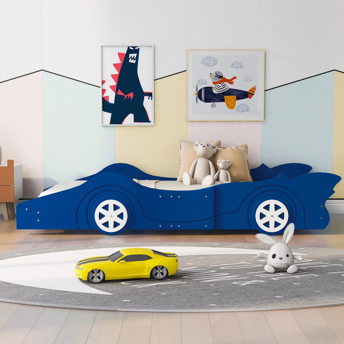 Blue Car-Shaped Twin Size Platform Bed with Wheels S42684