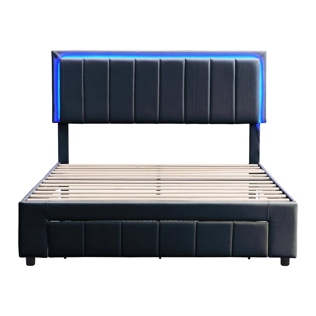 Queen Size Upholstered Platform Bed with Drawers and LED Lights T142448
