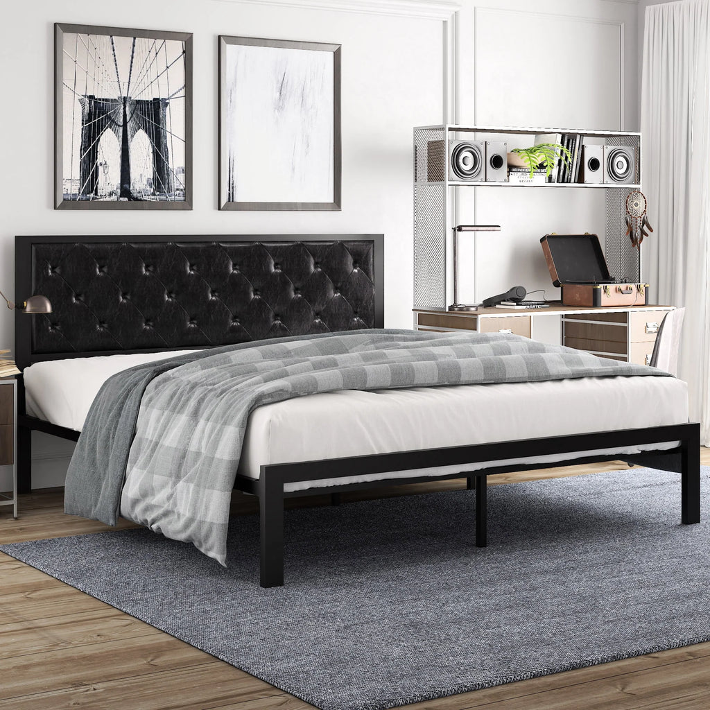Full Size Metal Bed Frame with Upholstered Headboard U893881