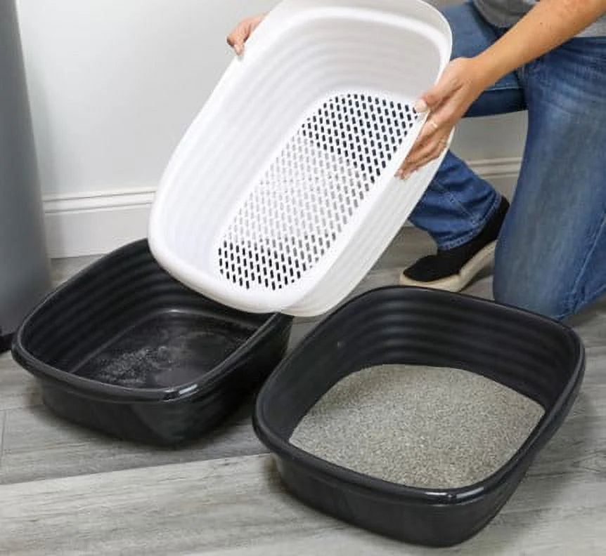 2 Open Top Plastic Cat Litter Pans and Tray, Large, Black P802243