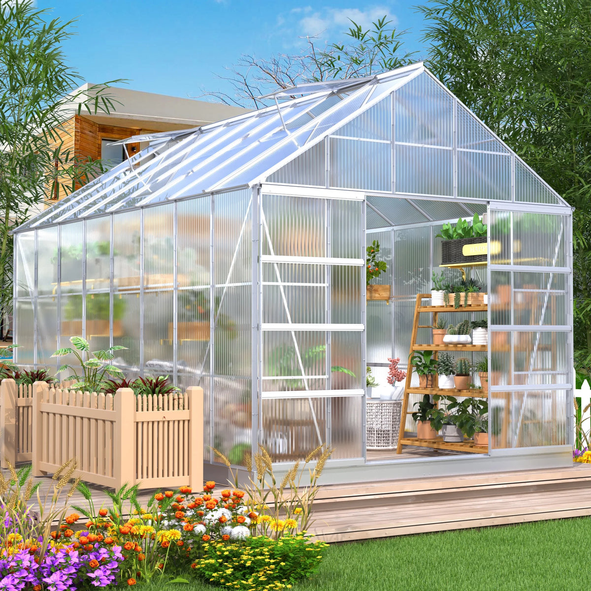 10' x 16' Walk-in Polycarbonate Greenhouse with Adjustable Roof Vent T3824