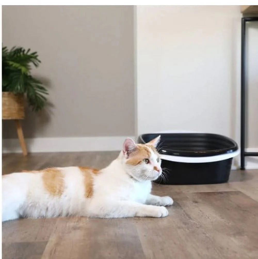 2 Open Top Plastic Cat Litter Pans and Tray, Large, Black P802243