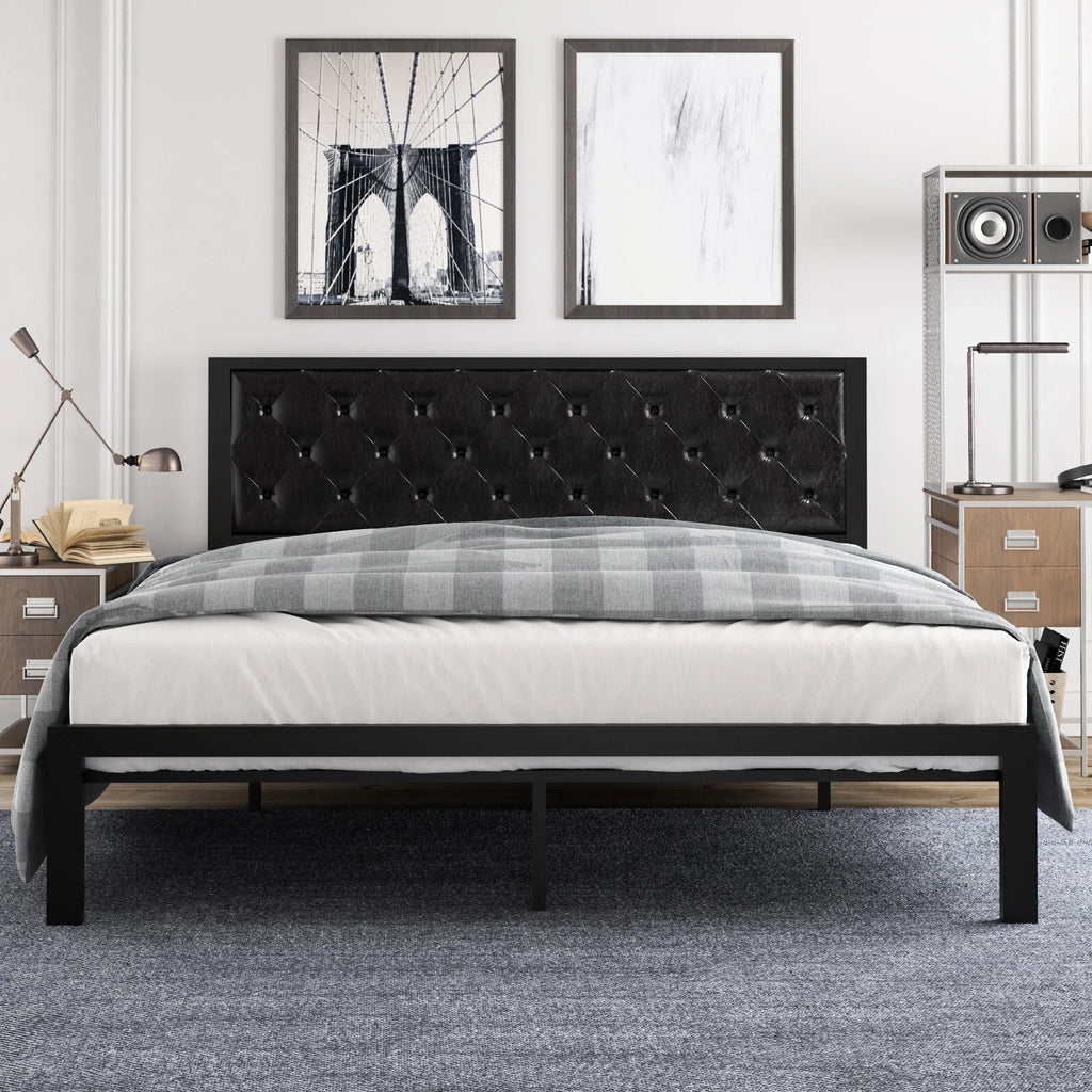 Full Size Metal Bed Frame with Upholstered Headboard U893881