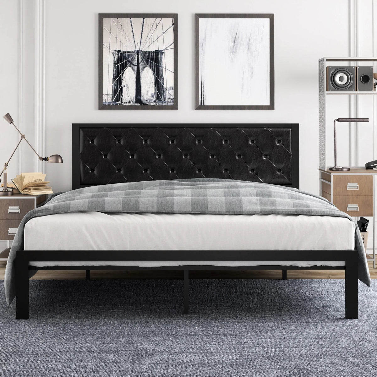 Full Size Metal Bed Frame with Upholstered Headboard U893881