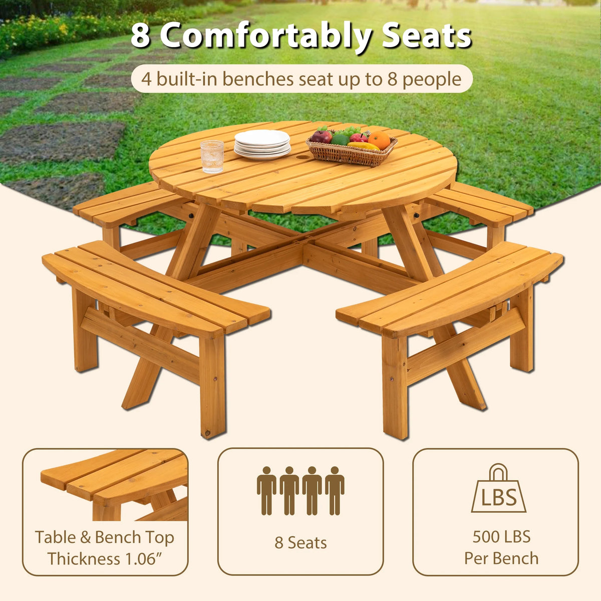 8-Person Wooden Picnic Table with 4 Built-In Benches G776428