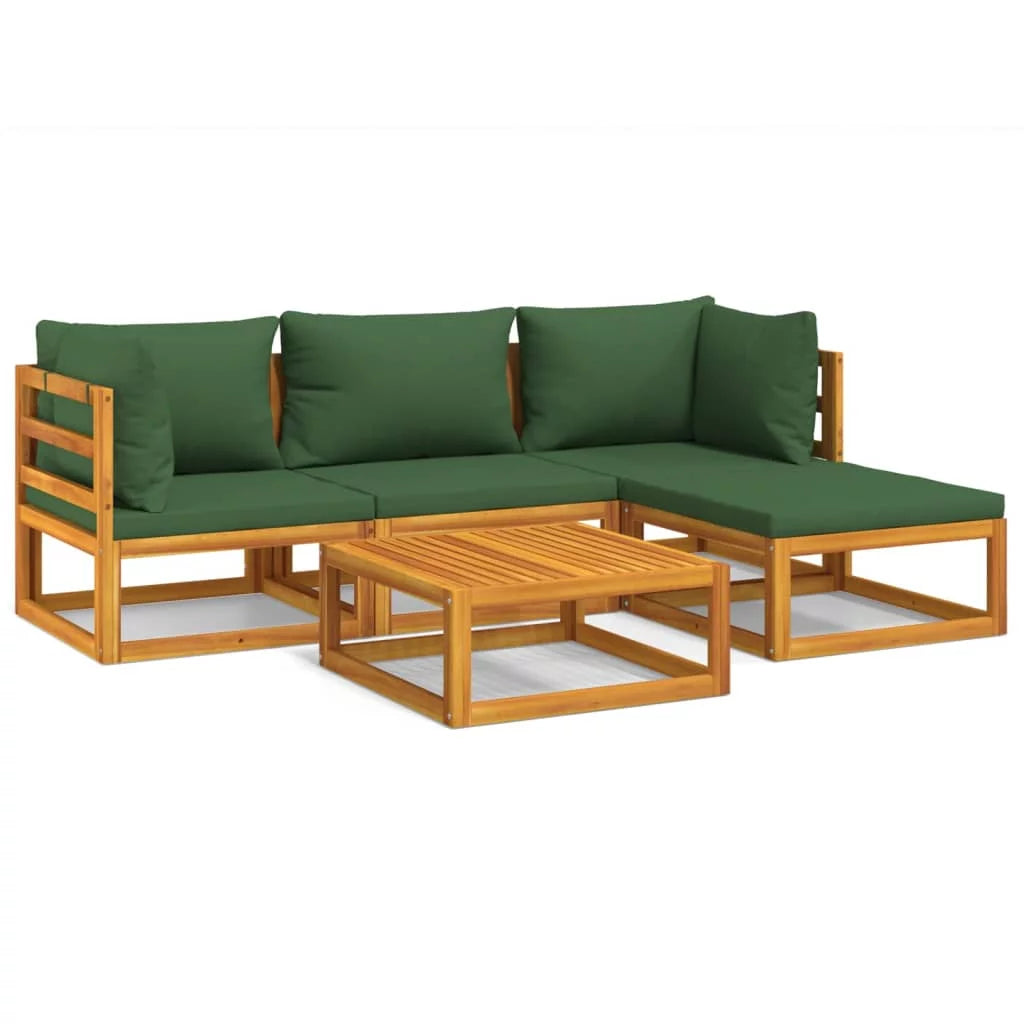 5 Piece Patio Set with Green Cushions Solid Wood I31152