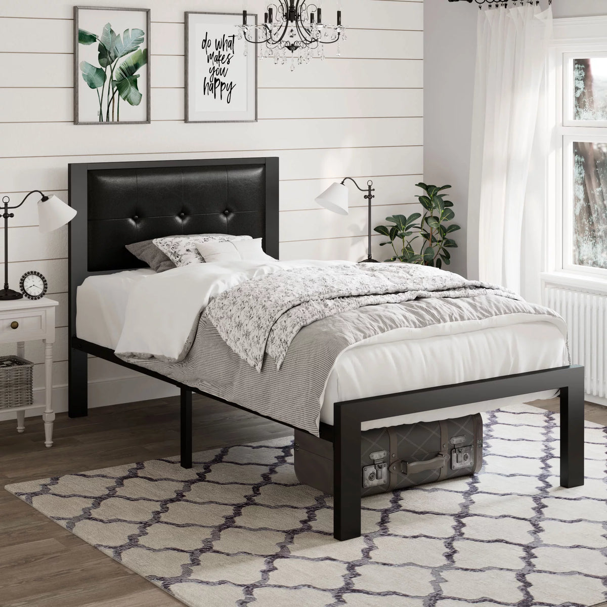 Twin Size Dark Grey Metal Platform Bed with Upholstered Headboard S189