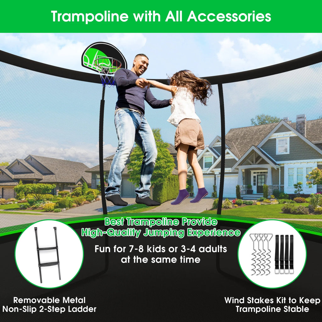12FT 14FT Trampoline with Enclosure, Basketball Hoop, Light, Sprinkler, Socks, Wind Stakes I2703
