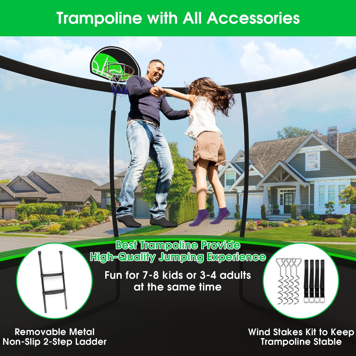 12FT 14FT Trampoline with Enclosure, Basketball Hoop, Light, Sprinkler, Socks, Wind Stakes I2703