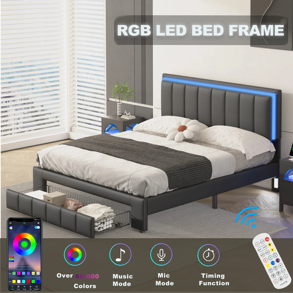 Queen Size Upholstered Platform Bed with Drawers and LED Lights T142448