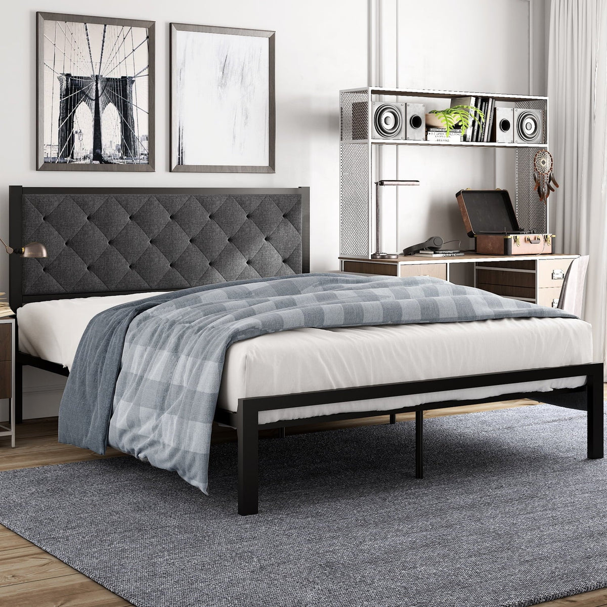 Full Size Metal Bed Frame with Upholstered Headboard U893881