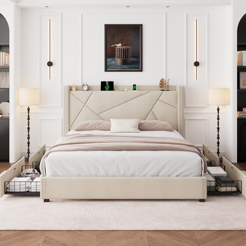 King Size Upholstered Platform Bed Frame with 4 Storage Drawers F777172