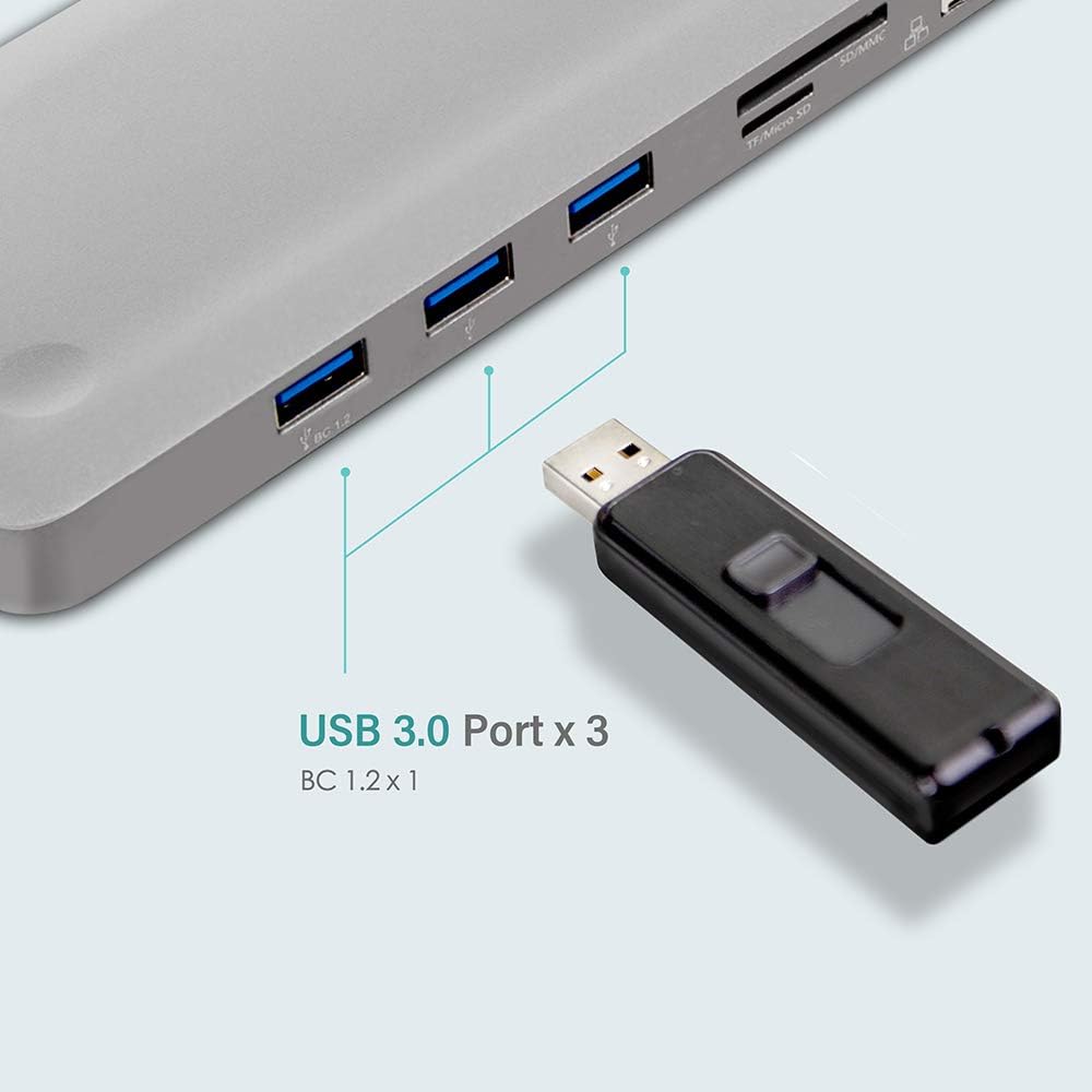 11-in-1 USB C Hub Adapter with HDMI, VGA, SD Card Reader, USB 3.0, Ethernet, Gray B4125