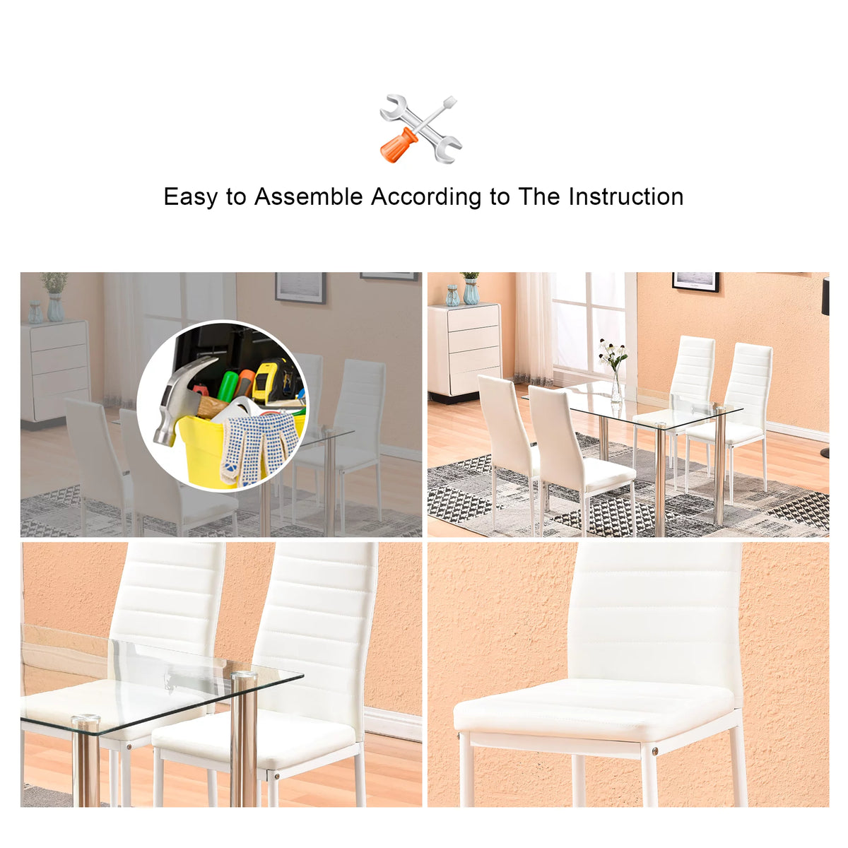 5 Piece Glass Top Dining Table Set with 4 White PU Leather Chairs G617802