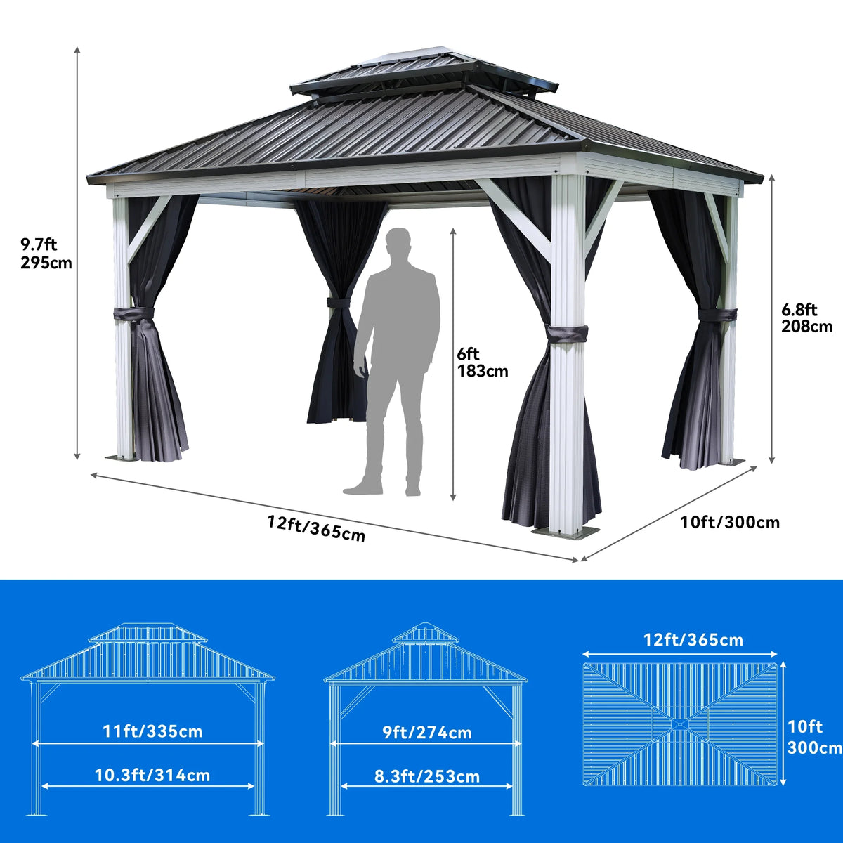 10x12ft Double Roof Hardtop Gazebo with Netting and Curtains Y65813