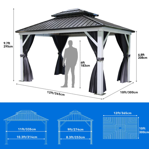 10x12ft Double Roof Hardtop Gazebo with Netting and Curtains Y65813