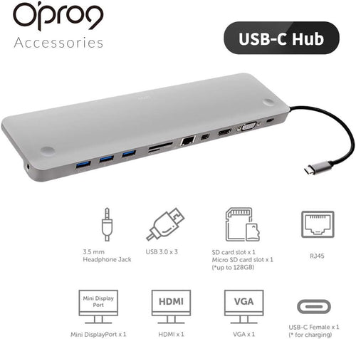 11-in-1 USB C Hub Adapter with HDMI, VGA, SD Card Reader, USB 3.0, Ethernet, Gray B4125