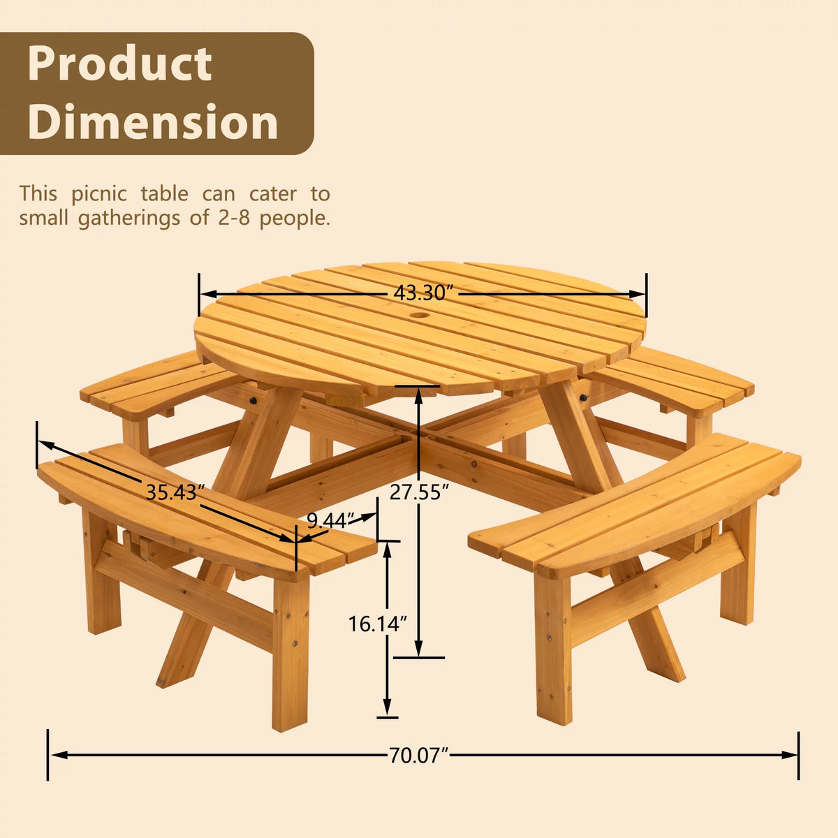 8-Person Wooden Picnic Table with 4 Built-In Benches G776428