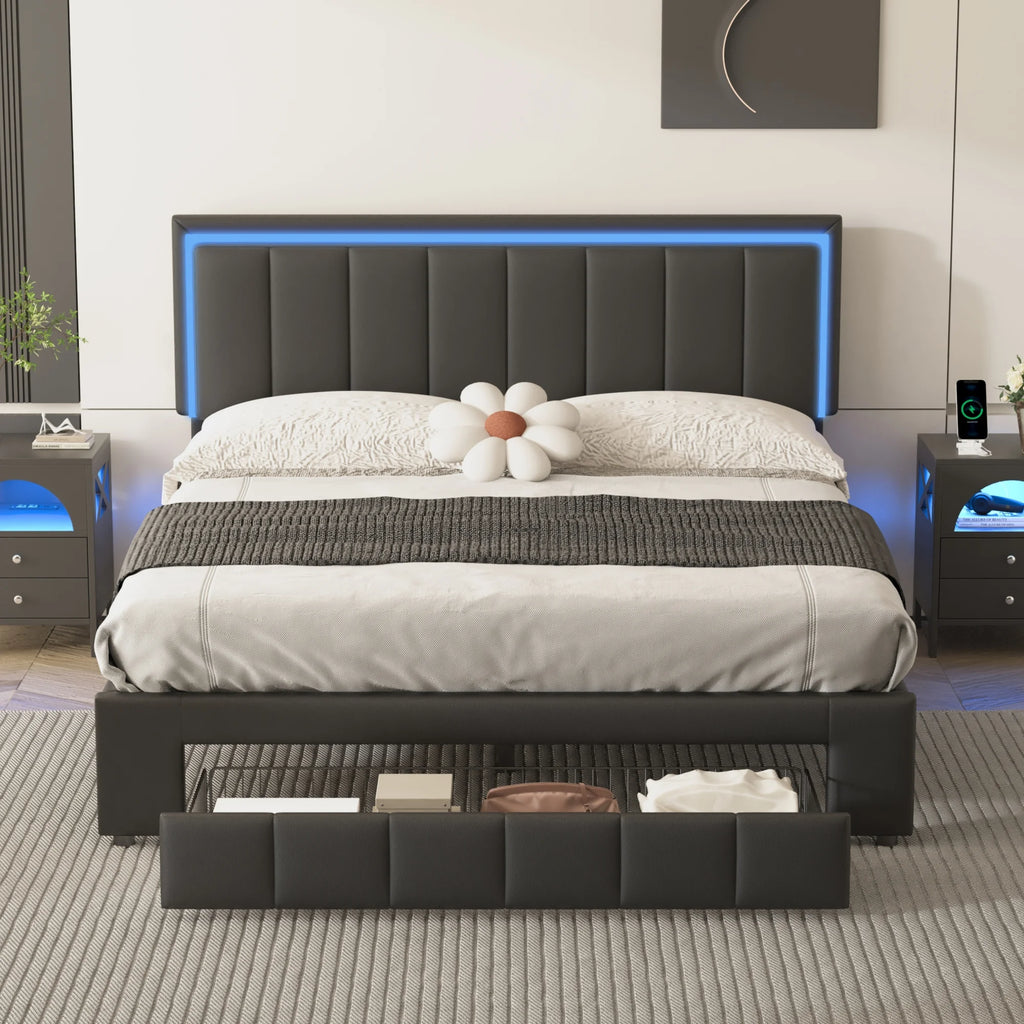 Queen Size Upholstered Platform Bed with Drawers and LED Lights T142448