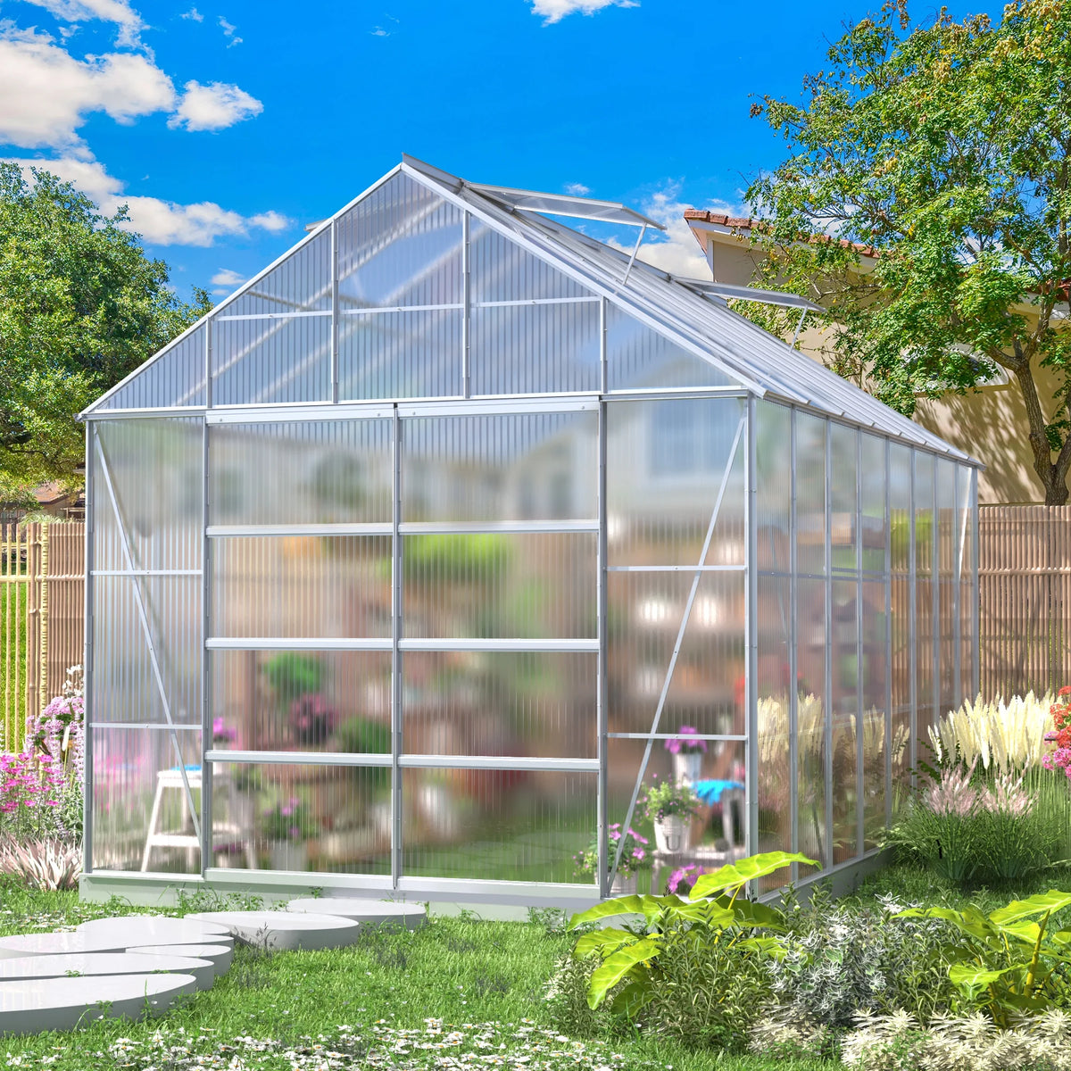 10' x 16' Walk-in Polycarbonate Greenhouse with Adjustable Roof Vent T3824