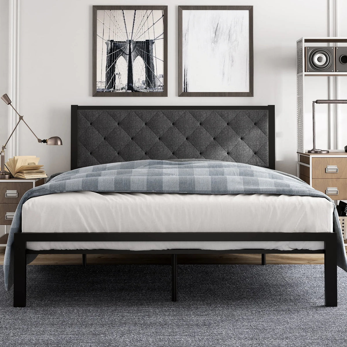 Full Size Metal Bed Frame with Upholstered Headboard U893881