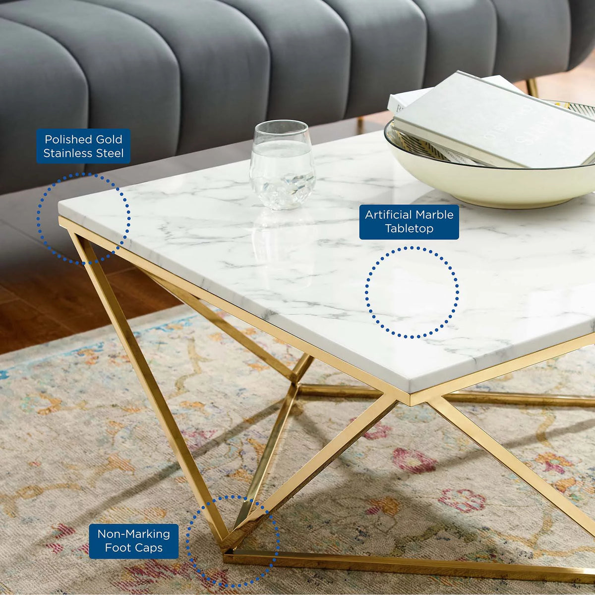 Square Artificial Marble Metal Steel Coffee Table Q58099