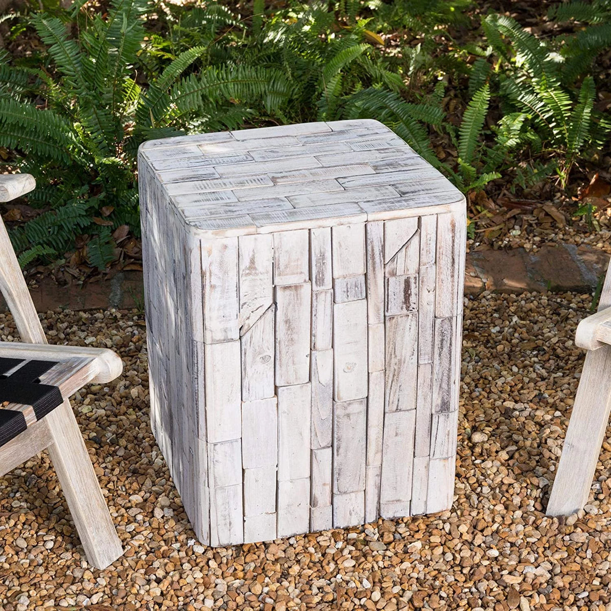 White-Washed Recycled Wood Stool End Table W20147