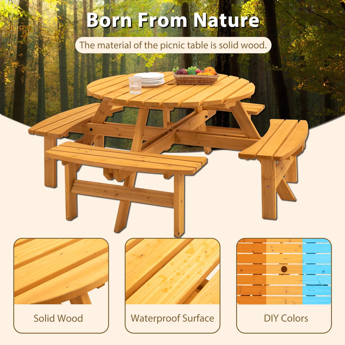 8-Person Wooden Picnic Table with 4 Built-In Benches G776428