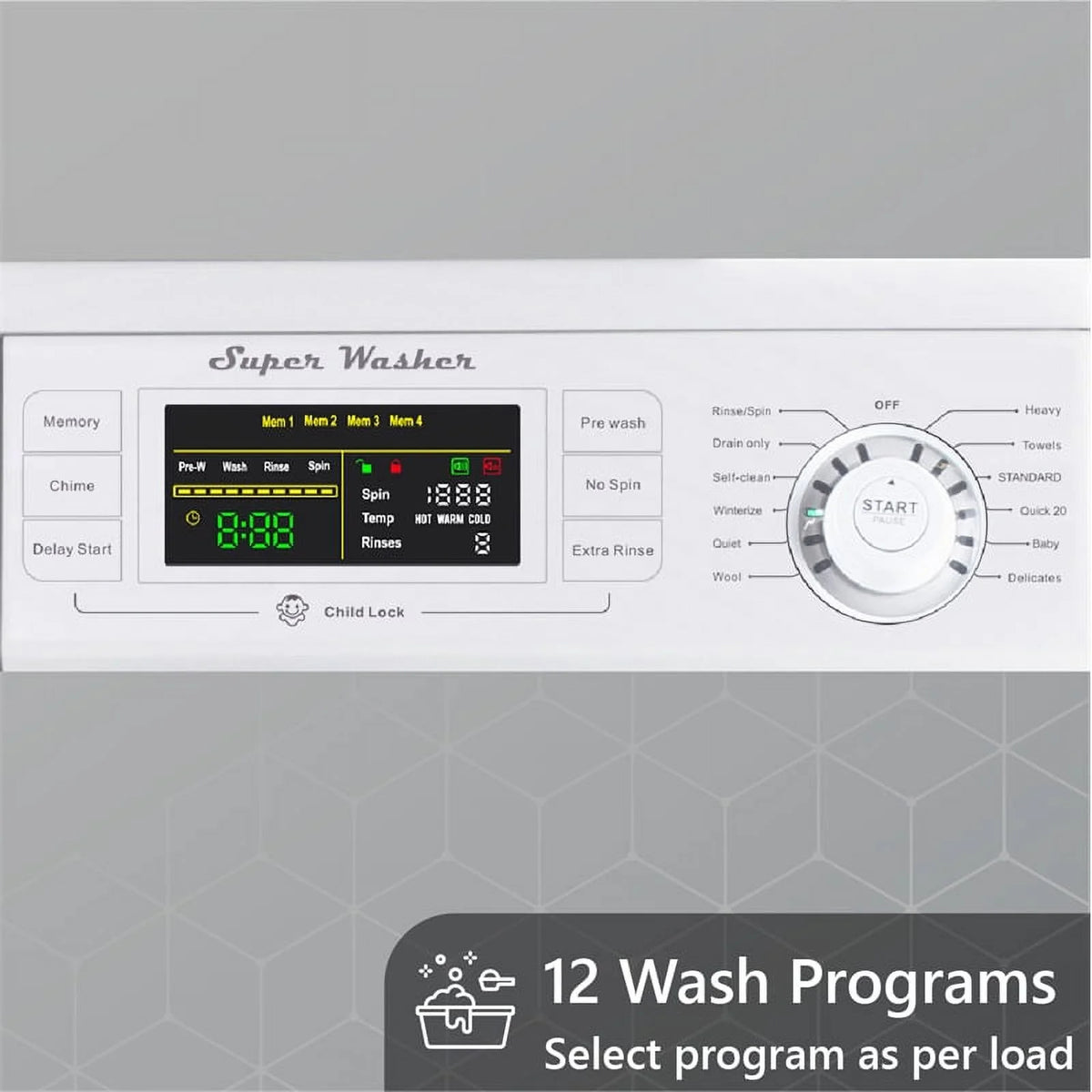 13 lbs Compact 110V Washer 1200 RPM 12 Programs U937