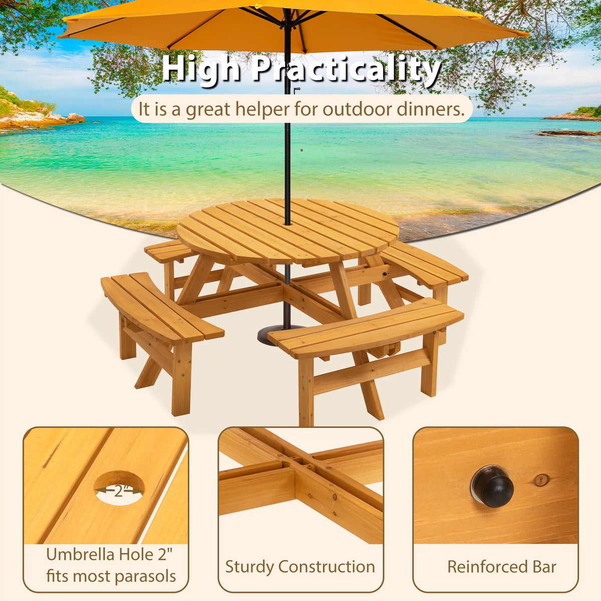 8-Person Wooden Picnic Table with 4 Built-In Benches G776428