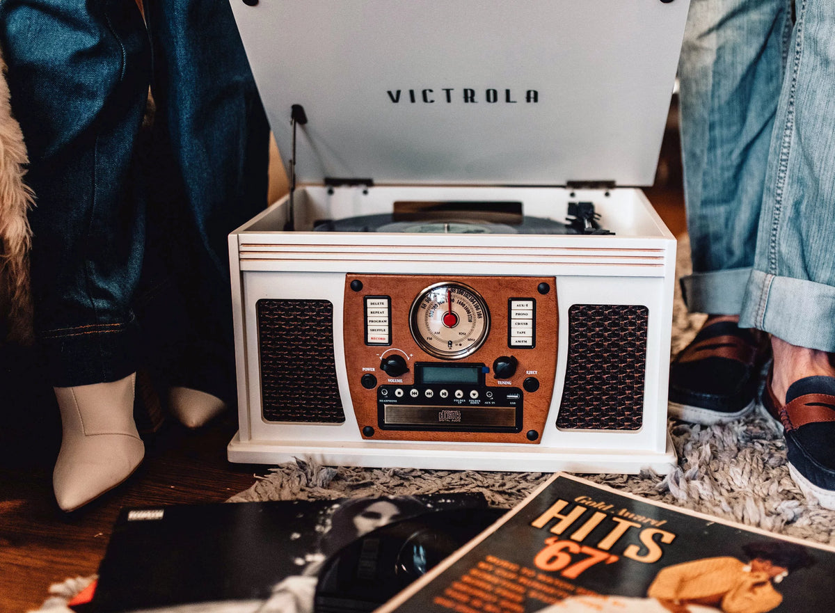 Wood 8-in-1 Bluetooth Record Player with USB Encoding and 3-speed Turntable - White V568