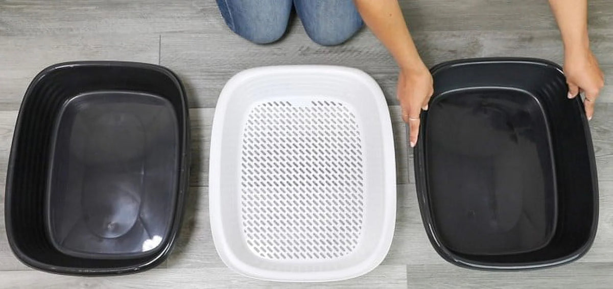 2 Open Top Plastic Cat Litter Pans and Tray, Large, Black P802243